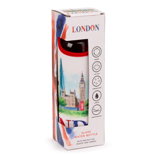 Reusable 500ml Glass Water Bottle with Protective Neoprene Sleeve - London Icons - Image 2