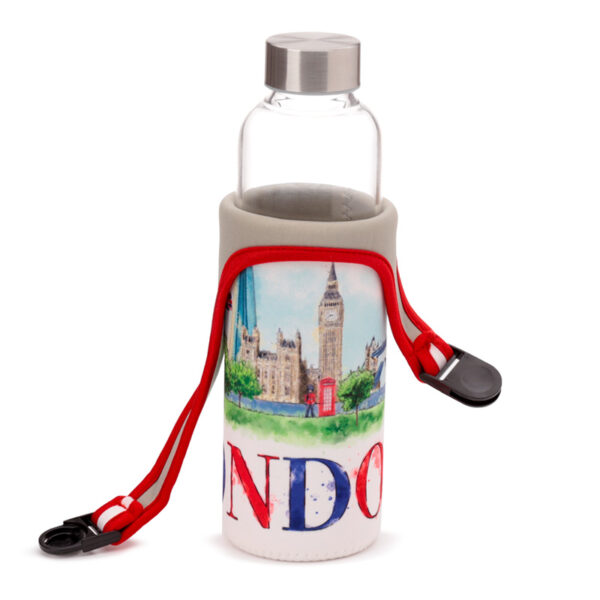 Reusable 500ml Glass Water Bottle with Protective Neoprene Sleeve - London Icons - Image 3