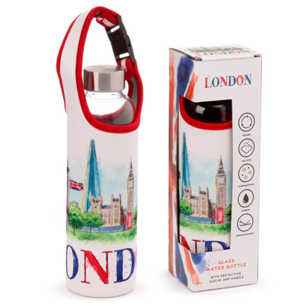 Reusable 500ml Glass Water Bottle with Protective Neoprene Sleeve - London Icons - Image 11