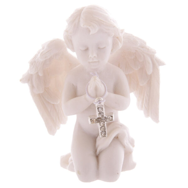 Cute Praying Cherub Figurine Holding Jewelled Silver Cross - Image 2