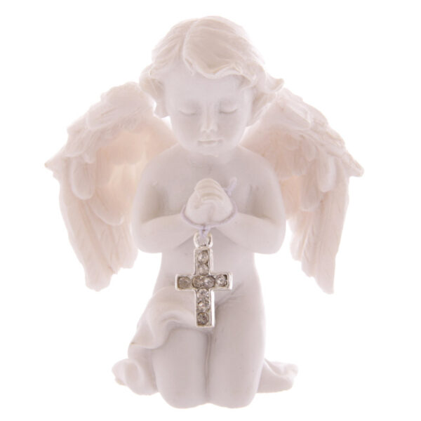 Cute Praying Cherub Figurine Holding Jewelled Silver Cross - Image 5