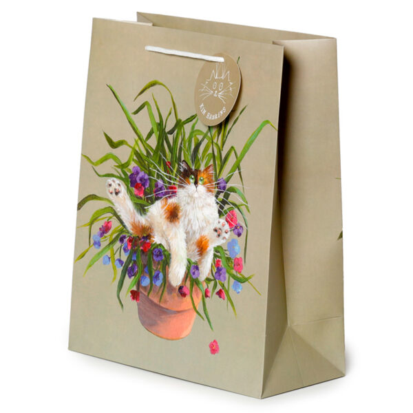 Gift Bag (Large) - Kim Haskins Floral Cat in Plant Pot Green - Image 2