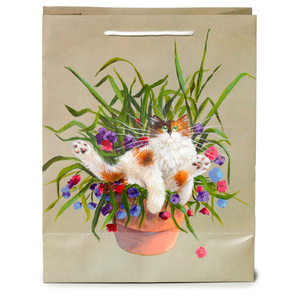 Gift Bag (Large) - Kim Haskins Floral Cat in Plant Pot Green - Image 4