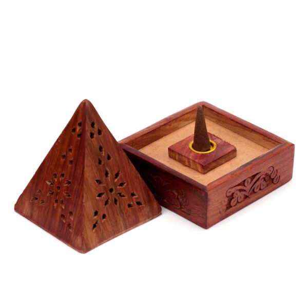 Pyramid Sheesham Wood Incense Cone Box with Fretwork - Image 2