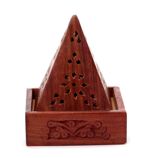 Pyramid Sheesham Wood Incense Cone Box with Fretwork - Image 6