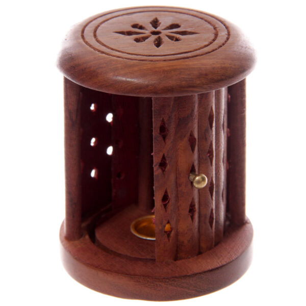 Carved Sheesham Wood Incense Holder with Sliding Door - Image 3