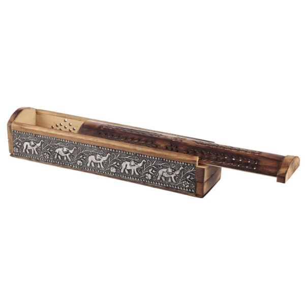 Decorative Elephant Inlay Sliding Lid Wooden Incense Burner Box - Image 2