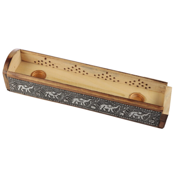 Decorative Elephant Inlay Sliding Lid Wooden Incense Burner Box - Image 3