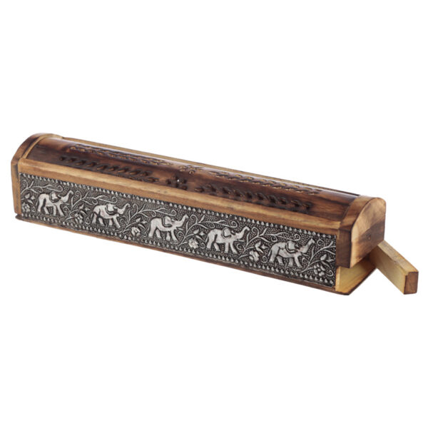 Decorative Elephant Inlay Sliding Lid Wooden Incense Burner Box - Image 4