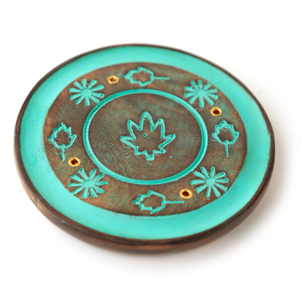 Decorative Round Painted Leaf Wooden Incense Burner Ash Catcher - Image 2
