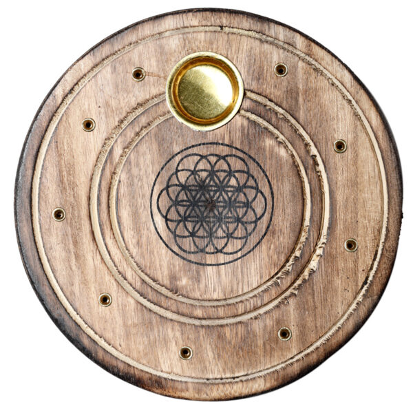 Mango Wood Round Flower of Life Ashcatcher Incense Sticks & Cones Burner - Image 2