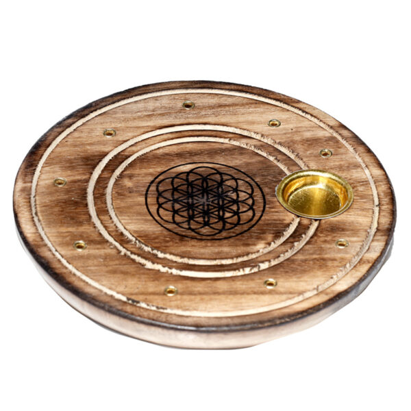 Mango Wood Round Flower of Life Ashcatcher Incense Sticks & Cones Burner - Image 3
