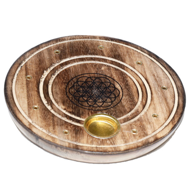 Mango Wood Round Flower of Life Ashcatcher Incense Sticks & Cones Burner - Image 4