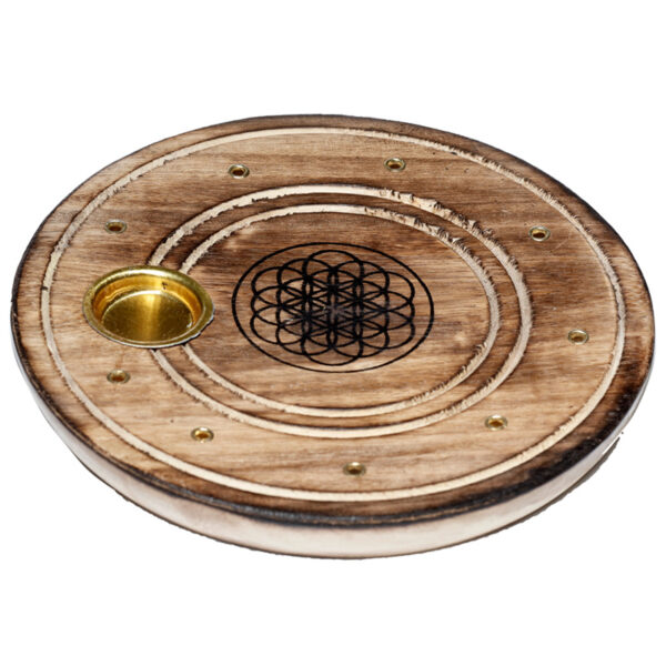 Mango Wood Round Flower of Life Ashcatcher Incense Sticks & Cones Burner - Image 5