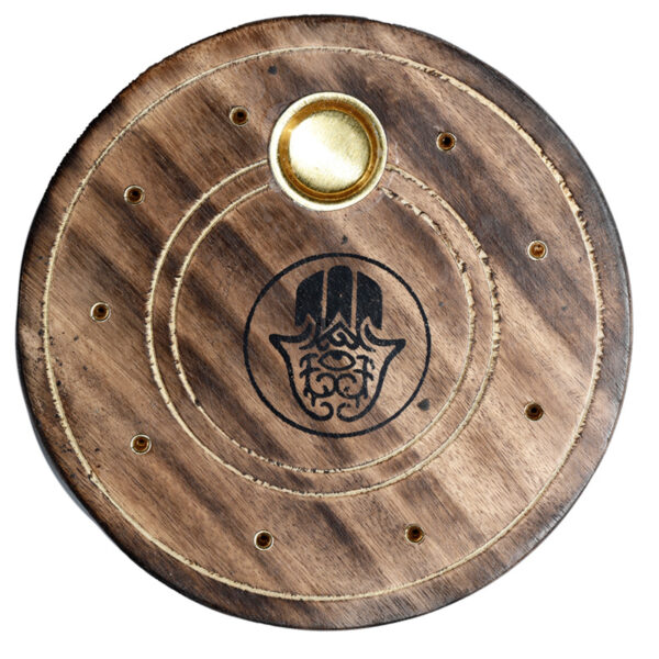 Mango Wood Round Hamsa Ashcatcher Incense Sticks & Cones Burner - Image 2