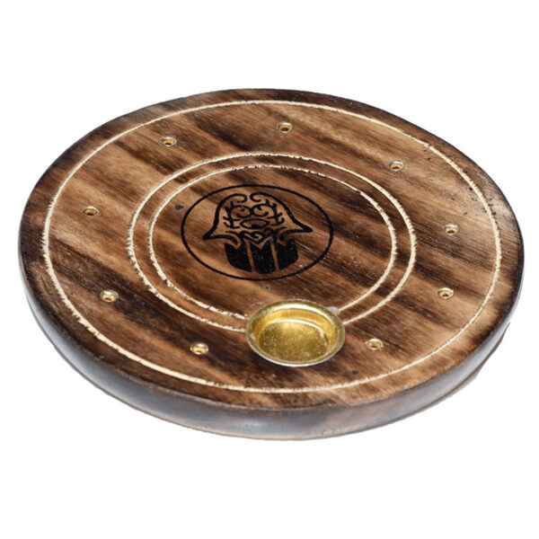 Mango Wood Round Hamsa Ashcatcher Incense Sticks & Cones Burner - Image 4