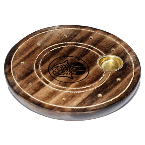 Mango Wood Round Hamsa Ashcatcher Incense Sticks & Cones Burner - Image 5