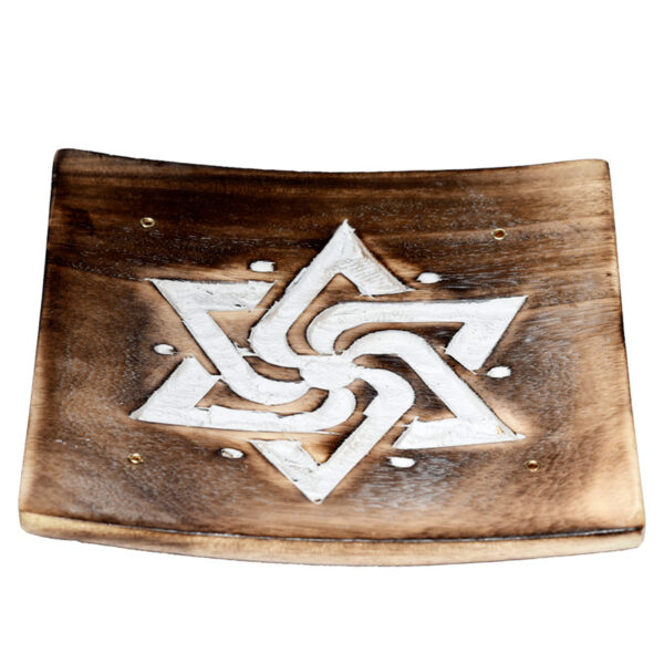 Mango Wood Square Carved Geometric Ashcatcher Incense Sticks Burner - Image 3