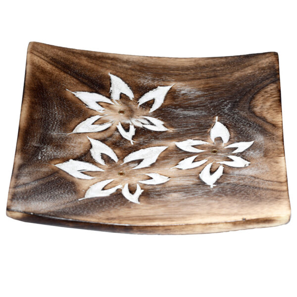 Mango Wood Square Carved Flowers Ashcatcher Incense Sticks Burner - Image 3
