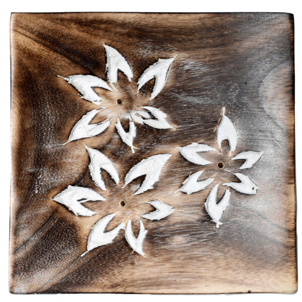 Mango Wood Square Carved Flowers Ashcatcher Incense Sticks Burner - Image 5