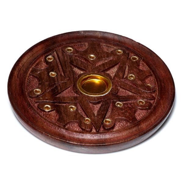 Sheesham Wood Round Ashcatcher Incense Sticks and Cones Burner with Carved Star - Image 2