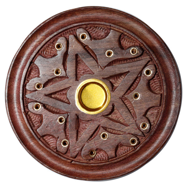 Sheesham Wood Round Ashcatcher Incense Sticks and Cones Burner with Carved Star - Image 3