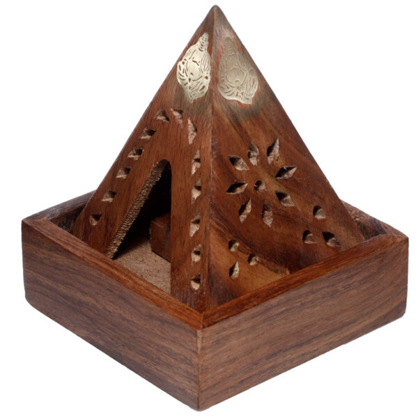 Sheesham Wood Pyramid Incense Cone Burner Box with Buddha & Fretwork - Image 2
