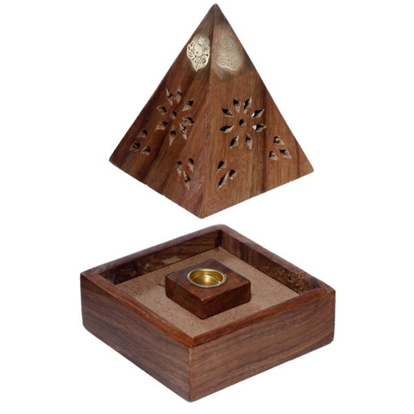 Sheesham Wood Pyramid Incense Cone Burner Box with Buddha & Fretwork - Image 3