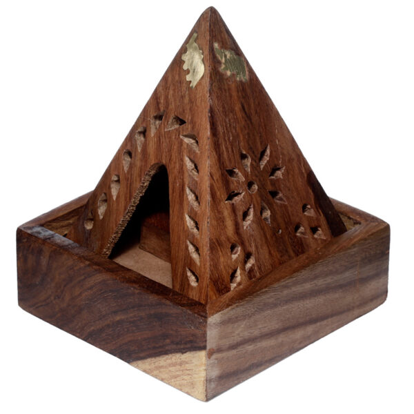 Sheesham Wood Pyramid Incense Cone Burner Box with Elephant - Image 2