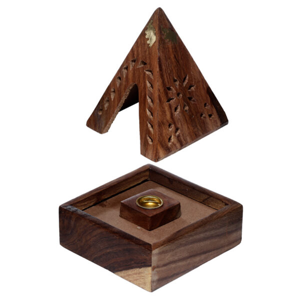 Sheesham Wood Pyramid Incense Cone Burner Box with Elephant - Image 3
