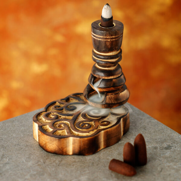 Carved Mango Wood Backflow Incense Burner - Happy Tree - Image 2