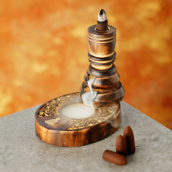 Carved Mango Wood Backflow Incense Burner - Flower Garden Buddha - Image 2