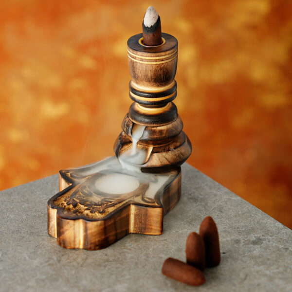 Carved Mango Wood Backflow Incense Burner - Hamsa - Image 2