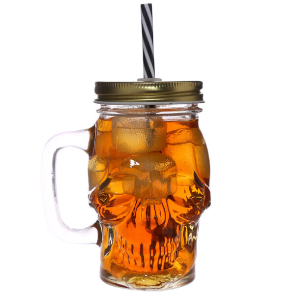 Glass Drinking Jar with Lid & Straw - Skull Shaped - Image 2