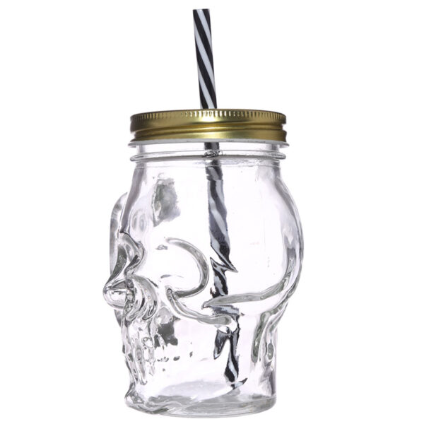Glass Drinking Jar with Lid & Straw - Skull Shaped - Image 3