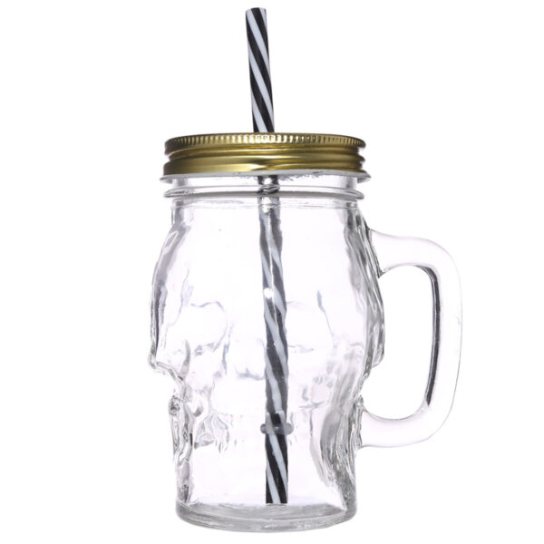 Glass Drinking Jar with Lid & Straw - Skull Shaped - Image 4