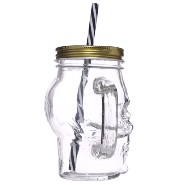 Glass Drinking Jar with Lid & Straw - Skull Shaped - Image 5