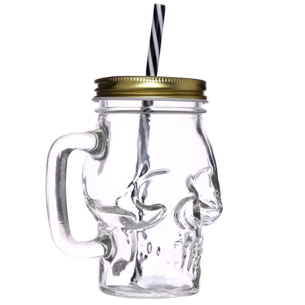 Glass Drinking Jar with Lid & Straw - Skull Shaped - Image 6