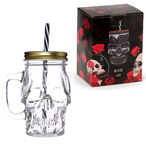 Glass Drinking Jar with Lid & Straw - Skull Shaped - Image 8