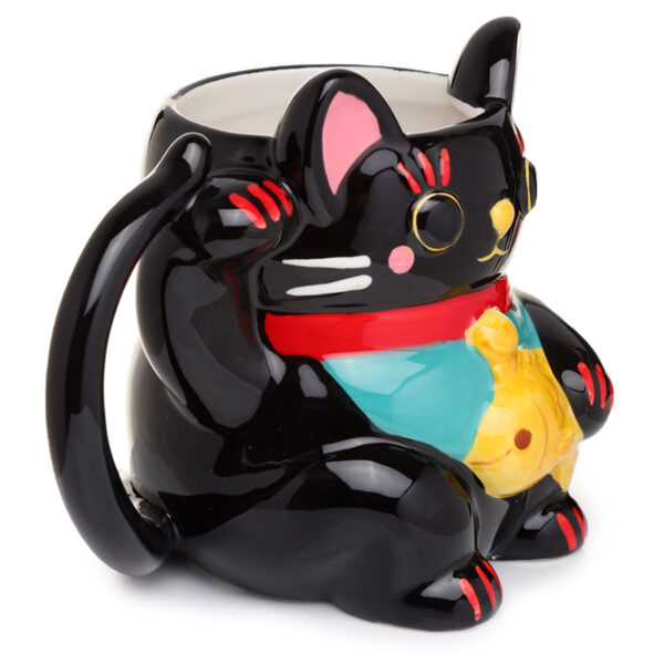Novelty Shaped Ceramic Mug - Black Maneki Neko Lucky Cat - Image 4