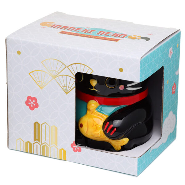 Novelty Shaped Ceramic Mug - Black Maneki Neko Lucky Cat - Image 5