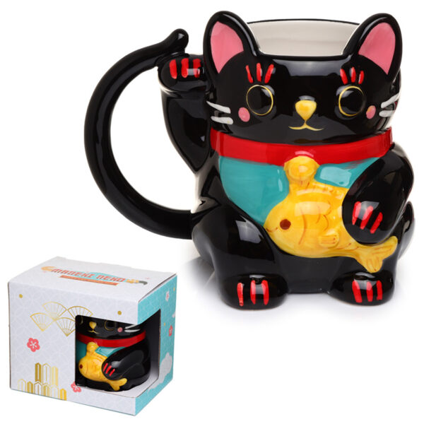 Novelty Shaped Ceramic Mug - Black Maneki Neko Lucky Cat - Image 6