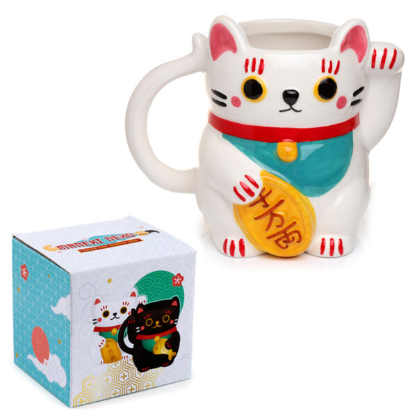 Novelty Shaped Ceramic Mug - White Maneki Neko Lucky Cat - Image 6