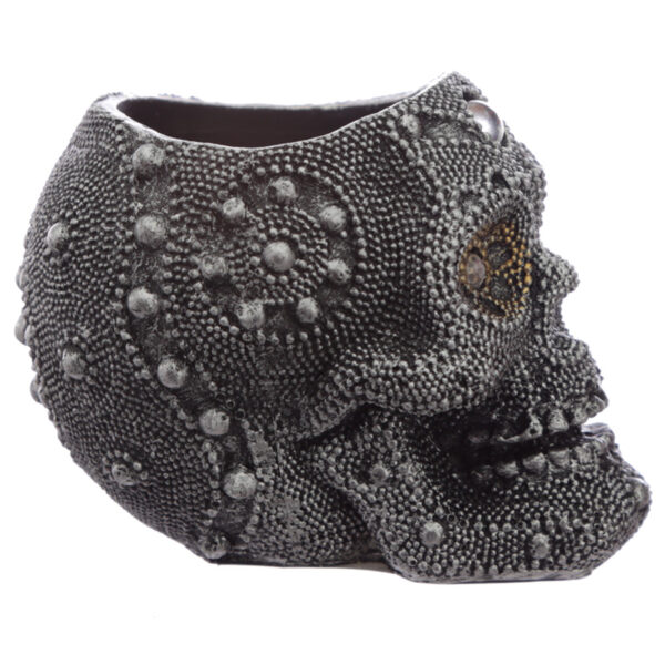 Tea Light Candle Holder - Silver Beaded Skull - Image 2
