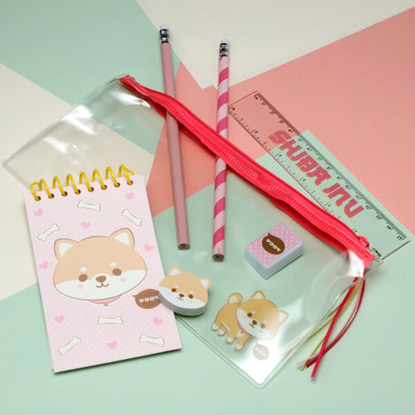 7 Piece Clear Pencil Case Stationery Set - Adoramals Shiba Inu Dog - Image 3