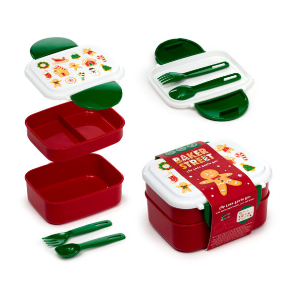 Bento Clip Lock Lunch Box with Cutlery - Christmas Baker Street Gingerbread - Image 11