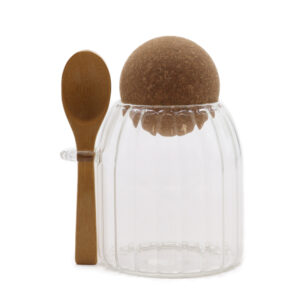 Sm Cottage Bamboo Glass Jar -  Ribbed and Spoon 10cm
