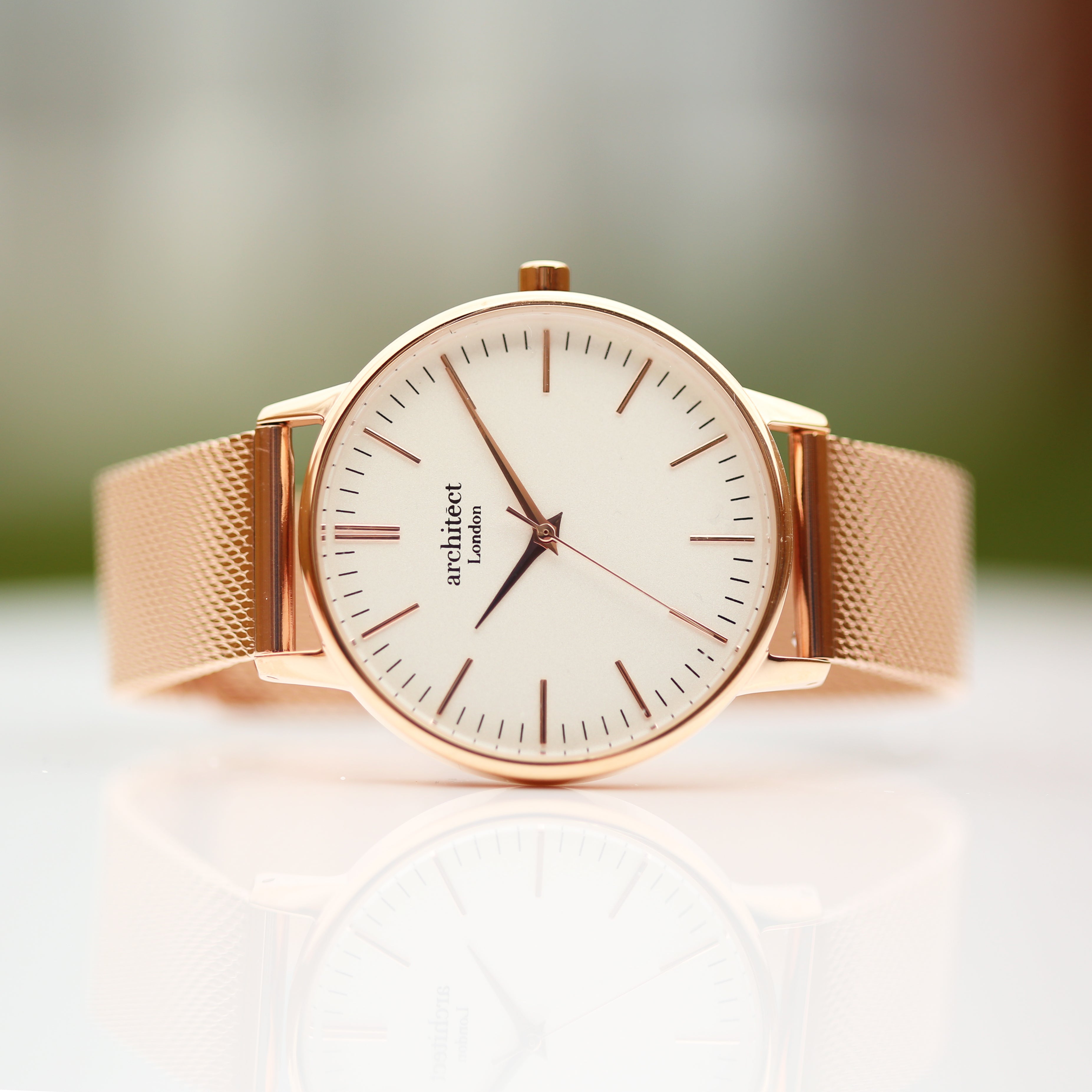 Ladies Architēct Blanc - Modern Font Engraving + Rose Gold Mesh Strap