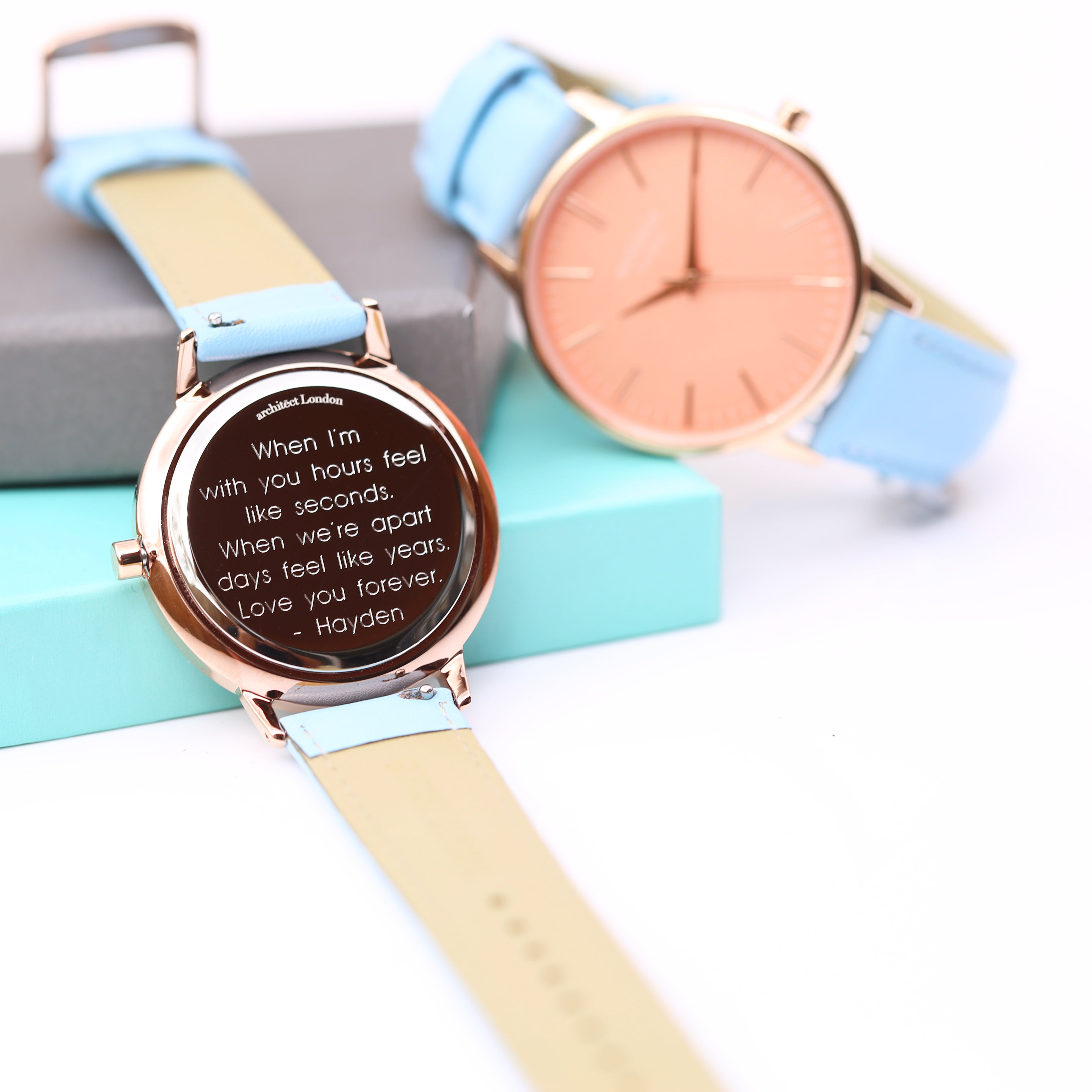 Ladies Architēct Coral - Modern Font Engraving + Light Blue Strap